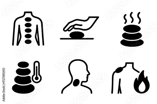 Hot Stone Therapy Icons. Solid, filled icon set of hot stone therapy: back with stones, stone hand placement, heated stone on foot, stone with heat waves,