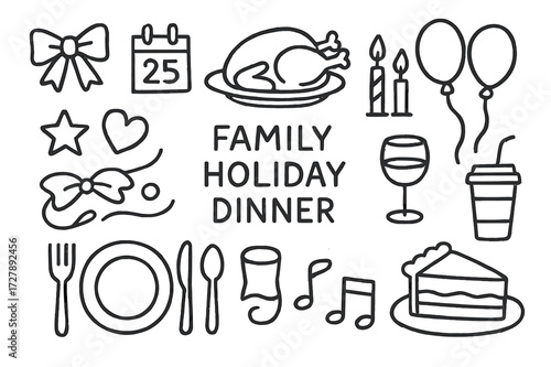 Family Holiday Doodle. Hand-drawn doodle illustration organizing family holiday dinner table, plate, cutlery, wine glass, turkey, candles, ribbon, star,