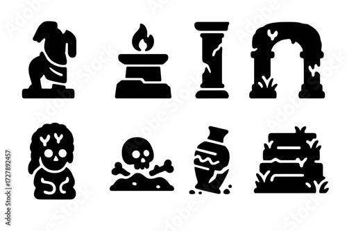 Forest Ruins Icons. Solid, filled icon set of forest ruins: broken statue, ancient altar, cracked pillar, moss-covered arch, forgotten idol, buried bones,