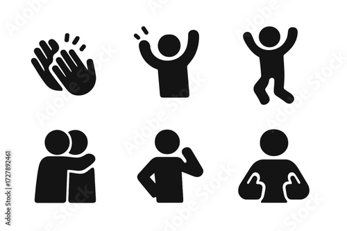 Celebration Icons Grid. Solid, filled icon set of celebration reactions: clapping, cheering, jumping, dancing, hugging, fist pump, head nod, double thumbs up.