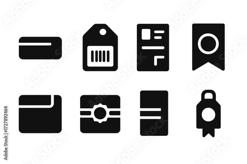 Banderol Icon Set. Solid, filled icon set of product banderol: adhesive strip, barcode tag, parcel label, sealed banderol, shipping sticker, package band,