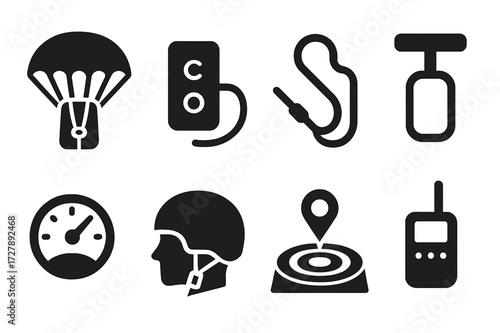 Parachute Safety Icons. Solid, filled icon set of parachute safety features: reserve chute, automatic activation device, safety line, cutaway handle,