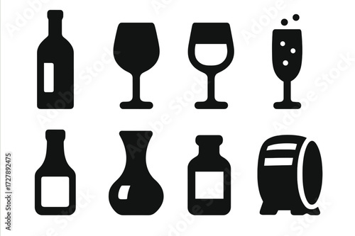 Wine Icon Grid. Solid, filled icon set of wine types: red wine bottle, white wine glass, rose wine glass, sparkling wine, dessert wine, fortified wine, wine