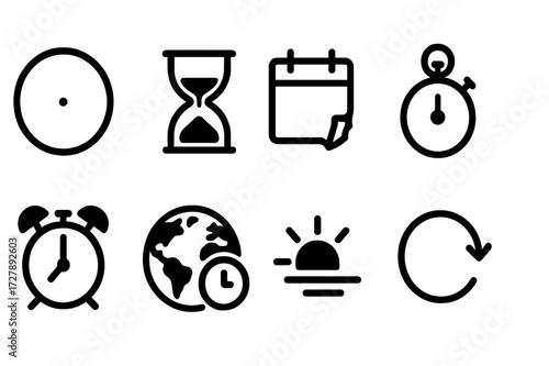 Lost Time Icons. Solid, filled icon set of lost time: clock with missing hands, hourglass turned over, calendar page torn, stopwatch stopped, alarm clock off,