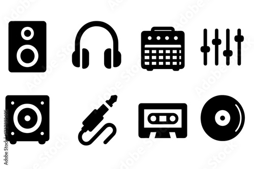Black Audio Icons. Solid, filled icon set of audio equipment: speaker, headphones, amplifier, equalizer, subwoofer, audio jack, cassette tape, vinyl record.