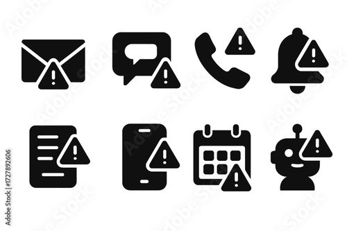 Late Payment Icon Set. Solid, filled icon set of late payment notifications: email alert, SMS message, phone call, push notification, paper letter, app alert,