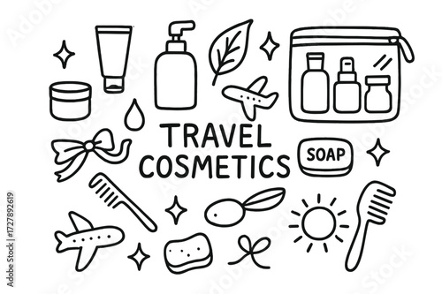 Travel Toiletries Icons. Hand-drawn doodle illustration Travel cosmetics mini cosmetic tube, small jar, pump bottle, travel bag, airplane, toothbrush, soap