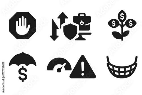 Stock Risk Icons. Solid, filled icon set of stock risk management: stop loss, hedge, portfolio balance, diversification, insurance, risk meter, warning sign,