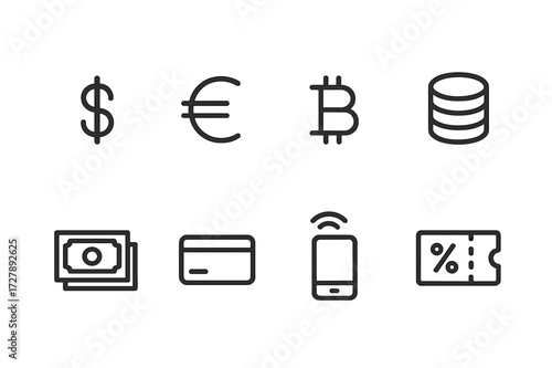 Wager Currency Icons. Outline icon set of wager currencies: dollar sign, euro sign, bitcoin, chip stack, cash, credit card, mobile payment, voucher. Line icons