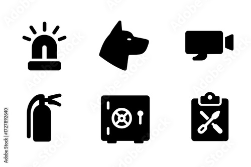 Vault Safety Icon Set. Solid, filled icon set of vault safety protocols: emergency alarm, guard dog, motion sensor, video recording, fire extinguisher, steel