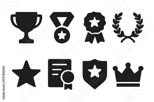 Rivalry Awards Icons. Solid, filled icon set of rivalry awards: trophy, medal, ribbon, laurel wreath, star, certificate, badge, crown. Solid, filled icons in
