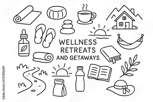 Wellness Retreat Icons. Hand-drawn doodle illustration [Wellness retreats and getaways] [yoga mat, meditation cushion, spa stones, herbal tea, mountain cabin,