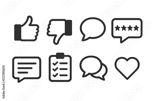 Recipient Feedback Icons. Solid, filled icon set of recipient feedback: thumbs up, thumbs down, speech bubble, star rating, comment box, survey form, chat