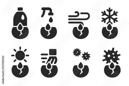Cracked Skin Triggers. Solid, filled icon set of cracked skin triggers: harsh detergent, hot water, wind, cold air, sunburn, friction, allergies, infections.