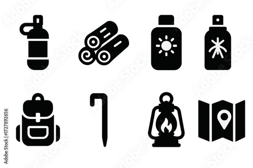Camp Essentials Icons. Solid, filled icon set of camp essentials: water filter, firewood, sunscreen, insect repellent, backpack, tent peg, lantern, map.