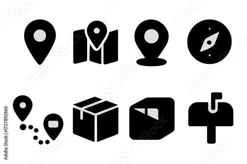 Location Icons Set. Solid, filled icon set of sender location: GPS pin, map, address book, location marker, compass, delivery route, parcel, mailbox. [Line