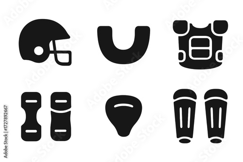 Sports Protection Icons. Solid, filled icon set of sports protection: helmet, mouthguard, knee pads, elbow pads, wrist guards, protective cup, shin guards,