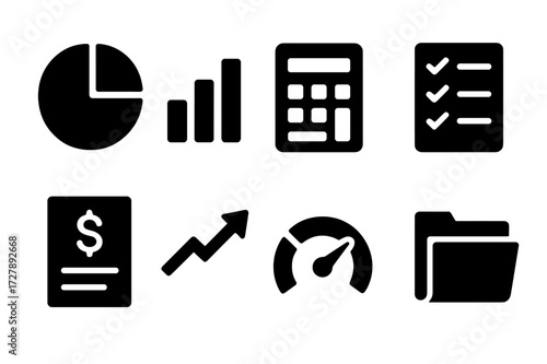 Portfolio Tools Icons. Solid, filled icon set of portfolio management tools: pie chart, bar graph, calculator, checklist, financial report, growth arrow, risk
