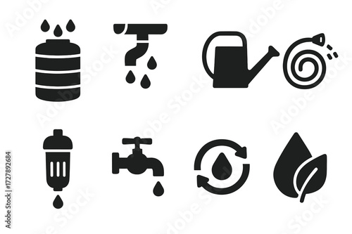 Rainwater Collection Icons. Solid, filled icon set of rainwater usage and collection: rainwater tank, gutter system, water filter, watering can, irrigation
