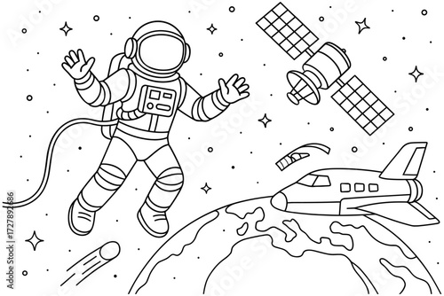 astronaut in orbit coloring page , shuttle, satellite and earth