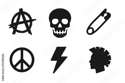 Punk Icon Set. Solid, filled icon set of punk symbols and logos: anarchy symbol, skull, safety pin, graffiti tag, peace sign, lightning bolt, mohawk