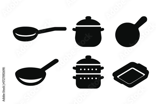 Kitchen Cookware Icons. Solid, filled icon set of kitchen cookware: frying pan, saucepan, pot, skillet, wok, pressure cooker, steamer, baking tray. [Line icons