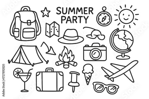 Backpacker's Adventure Doodles. Hand-drawn doodle illustration Backpacker?s summer party backpack, map, compass, globe, tent, campfire, camera, sunglasses,