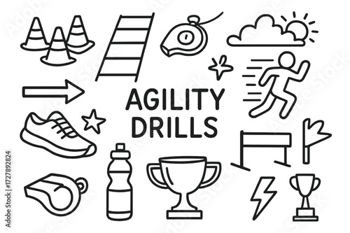 Agility Training Icons. Hand-drawn doodle illustration agility drills cones, ladder, whistle, stopwatch, sprinting figure, arrow, running shoe, star, sun,