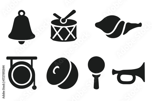 Ceremonial Instruments Icons. Solid, filled icon set of ceremonial instruments: bell, drum, conch shell, flute, gong, cymbals, rattle, trumpet. Solid, filled