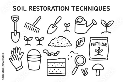 Soil Restoration Icons. Hand-drawn doodle illustration [soil restoration techniques] [shovel, rake, trowel, watering can, plant seedlings, leaf, worm, compost
