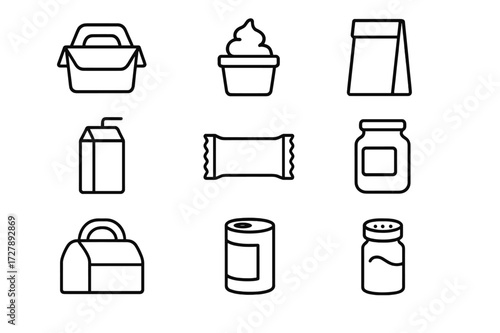 Food Packaging Icons. Food packaging. Line icon set of food packaging: takeaway box, ice cream cup, sauce bottle, paper bag, juice carton, snack wrapper, jar,