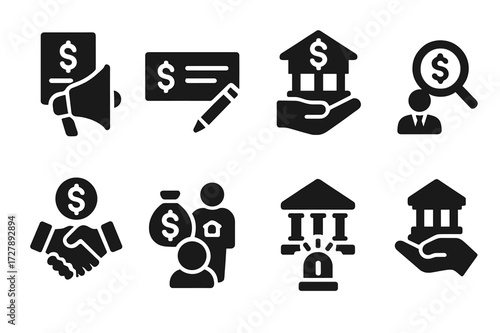 Government Intervention Icons. Solid, filled icon set of government intervention: policy announcement, stimulus check, bailout fund, regulatory oversight,