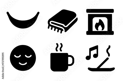 Self-Care Icon Set. Solid, filled icon set of self-care relaxation: hammock, cozy blanket, fireplace, soft pillow, peaceful face, cup of coffee, music notes,