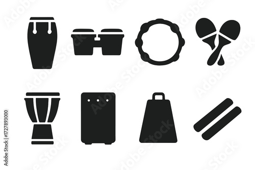 Percussion Instruments Icons. Solid, filled icon set of percussion instruments: conga drum, bongos, tambourine, maracas, djembe, cajon, cowbell, claves. Solid,