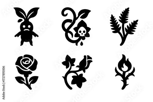 Cursed Flora Icons. Solid, filled icon set of cursed flora with mandrake: mandrake, soulvine, poison bloom, cursed fern, venom rose, dark ivy, shadow bud,