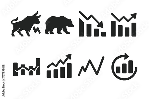 Stock Market Icons. Solid, filled icon set of stock market trends: bull market, bear market, correction, rally, consolidation, breakout, reversal, sector