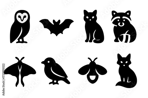 Nocturnal Familiars Icons. Solid, filled icon set of nocturnal familiars: barn owl, bat, black cat, raccoon, luna moth, nightjar, firefly, dark fox. Solid,