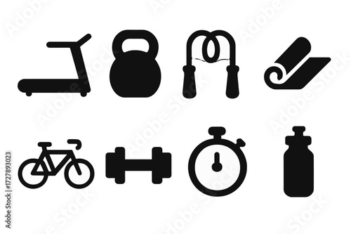 Fitness Icons Grid. Solid, filled icon set of fitness equipment: treadmill, kettlebell, jump rope, yoga mat, bicycle, dumbbell, stopwatch, water bottle. Solid,