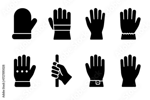 Professional Gloves Icons. Solid, filled icon set of gloves in professions: chef gloves, firefighter gloves, surgeon gloves, construction gloves, mechanic