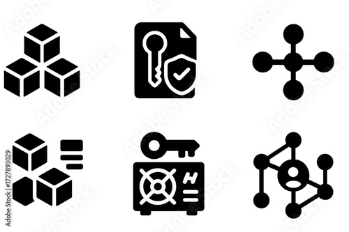 NFT Technology Icons. Solid, filled icon set of NFT technology: blockchain, smart contract, cryptographic key, decentralized network, hash, digital ledger,