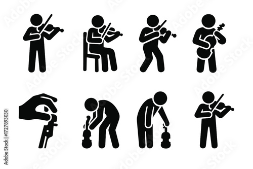 Violinist Icons Set. Solid, filled icon set of violinist poses: standing violinist, seated violinist, tuning violin, bowing, pizzicato hand, stage bow,