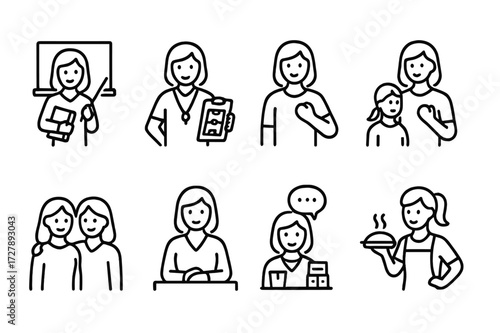 Mother's Social Roles Icons. Outline icon set of mother?s social roles: teacher, coach, volunteer, friend, counselor, organizer, mentor, chef. Line icons in
