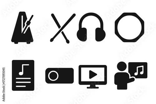 Music Practice Icons. Solid, filled icon set of cadence practice and rehearsal: metronome, drumsticks, headphones, practice pad, music sheet, recording