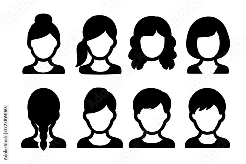 Lady Hairstyles Icons. Solid, filled icon set of lady hairstyles: bun, ponytail, curls, short hair, bob cut, braided hair, updo, pixie cut. Solid, filled icons