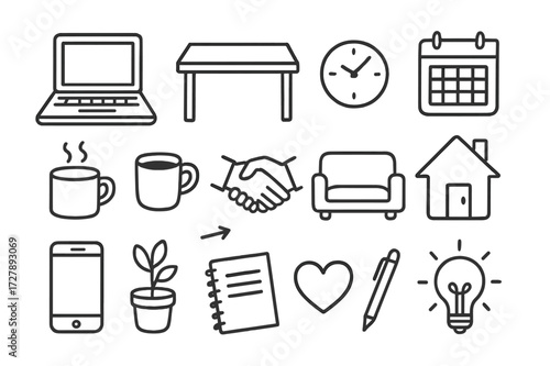 Work-Life Balance Doodles. Hand-drawn doodle illustration [Professional and personal overlap] [laptop, desk, coffee cup, clock, calendar, sofa, house, phone,