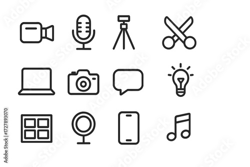 Content Creation Icons. Content creation. Line icon set of content creation: video camera, microphone, tripod, editing scissors, laptop, photo camera, speech