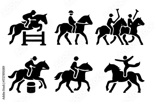 Equestrian Competition Icons. Solid, filled icon set of riding competitions: show jumping, dressage, eventing, polo match, barrel racing, endurance race,