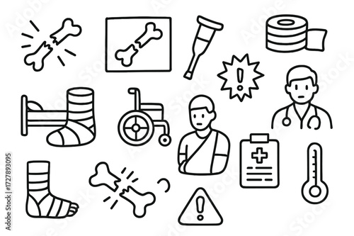 Fractured Bone Icons. Hand-drawn doodle illustration Fractured Bone broken bone, x-ray image, crutch, bandage wrap, cast, pain symbol, hospital bed,