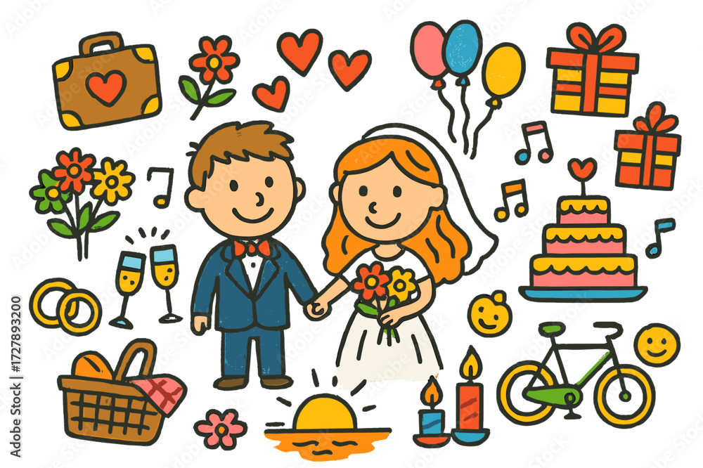 Naklejka premium Whimsical Wedding Celebration. Newlyweds. Colorful Hand-drawn doodle Children illustration Couple, hearts, flowers, gifts, cake, champagne glasses, balloons,