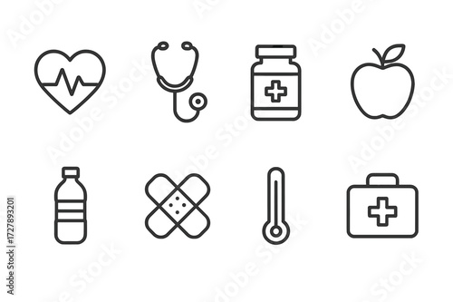 Son's Health Icon Set. Outline icon set of son?s health: heartbeat, stethoscope, medicine bottle, apple, water bottle, bandage, thermometer, first aid kit.